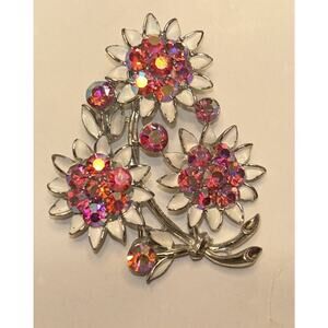 Vintage Lisner Brooch Aurora Borealis Stones Flower Bouquet silver enamel sign